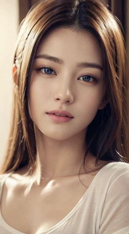 get dressed, (photo realistic:1.4), (hyper realistic:1.4), (realistic:1.3), (softer light:1.05), (increase qualityแสงระดับโรงภาพยนตร์:0.9), 32K, 1 girl,20 year old girl, realistic lighting, Backlight, light on face, radiation traces, (brighter light:1.2), (increase quality:1.4), (The best quality genuine skin:1.4), Eyes with intricate details, A face with intricate details, Exquisite quality eyes, (Tired and sleepy and satisfied:0.0), closeup face, t-shirt, (Increase the mood of the body:1.1), (Increase the beauty of the skin:1.1)