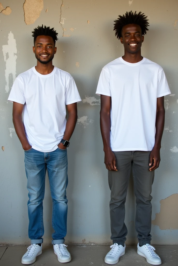 Create a split-image of the same light skinned 21 years old Ethiopian man shown side by side against a messed up wall as a background to illustrate a before and after transformation. In the 'before' image on the left, depict the man as shorter and wearing a plain white T-shirt and jeans. In the 'after' image on the right, show the same man taller, with no change in  physique, wearing the same white T-shirt but with casual pants instead. Both images should have the man smiling and looking directly at the camera, with a noticeable difference in height and little difference on presence. The background should be the same for both pictures and minimalist with natural lighting, highlighting the transformation. Make the picture realistic 