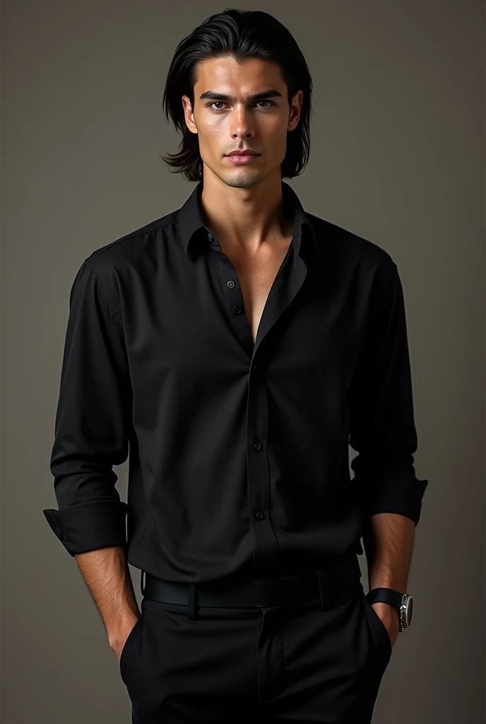 A 24 year old guy with black hair , a lean muscle build, 6 ft tall, a sharp jawline, very pale skin wearing a formal black shirt and pants, down ear length hair with a few accessories like a celebrity , he is italian , no beard, hunter eyes
