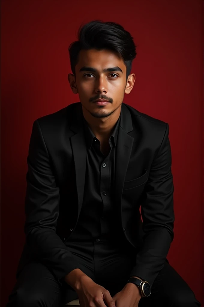 Make image of handsome boy, sitting on the chair ,black and red colour in background, upside "Pravin Waghmare" name in times new Roman font