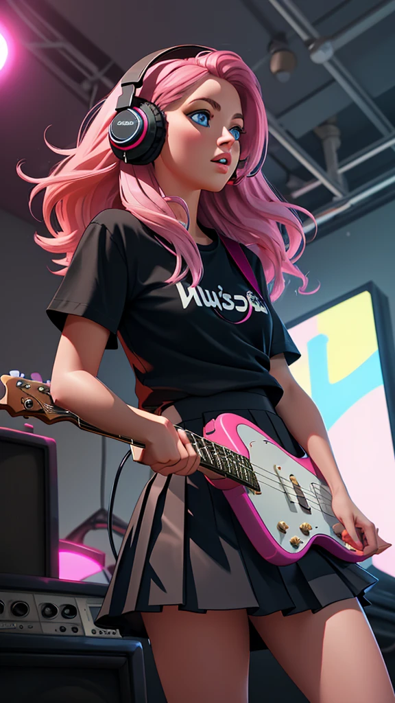 Raw photo, masterpiece, photorealistic, best quality, 1girl playing an electric guitar, black skirt, blue eyes, headphones, holding, holding plectrum, instrument, long hair, music, one side up, pink hair, playing guitar, pleated skirt, black shirt, indoors