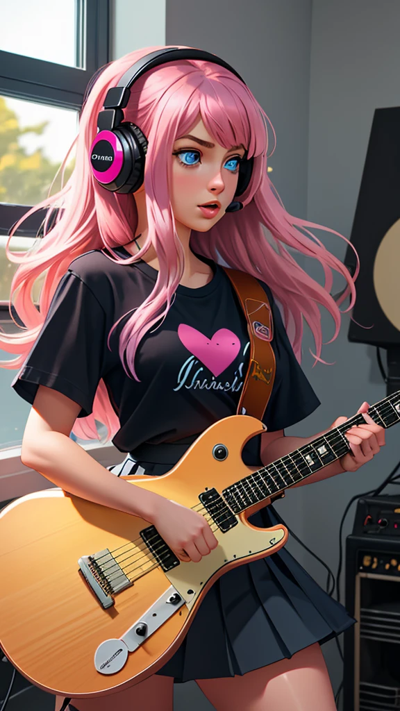 Raw photo, masterpiece, photorealistic, best quality, 1girl playing an electric guitar, black skirt, blue eyes, headphones, holding, holding plectrum, instrument, long hair, music, one side up, pink hair, playing guitar, pleated skirt, black shirt, indoors