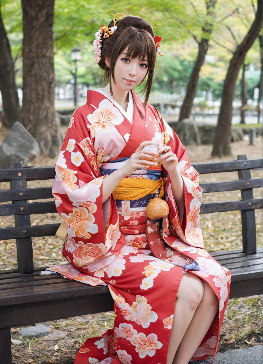 araffe woman In kimono sitting on a bench in a park, In kimono, Anime Girl Cosplay, yukata, In kimono, classy yukata, wear Kimono, wear Kimono, Anime girl crouching, Japanese Kimono, Real anime, Eat and drink, Young and cute gravure idol, kimono, Traditional Japanese