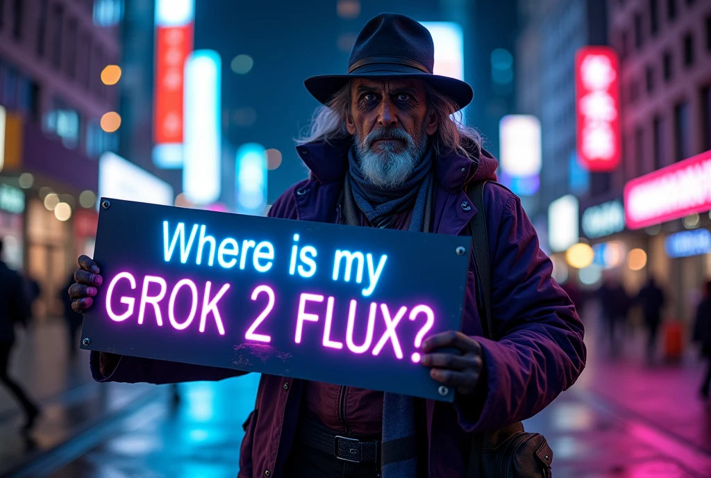 hyperrealistic lifelike photo of a homeless man wearing an elaborate outfit, holding a big blue and purple neon sign that says "Where is my "GROK 2 FLUX"?" He's' standing in front of an extremely detailed city background in the style of Roger Deakins, at night.
