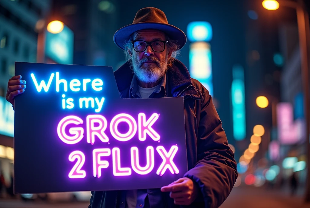 hyperrealistic lifelike photo of a homeless man wearing an elaborate outfit, holding a big blue and purple neon sign that says "Where is my "GROK 2 FLUX"?" He's' standing in front of an extremely detailed city background in the style of Roger Deakins, at night.