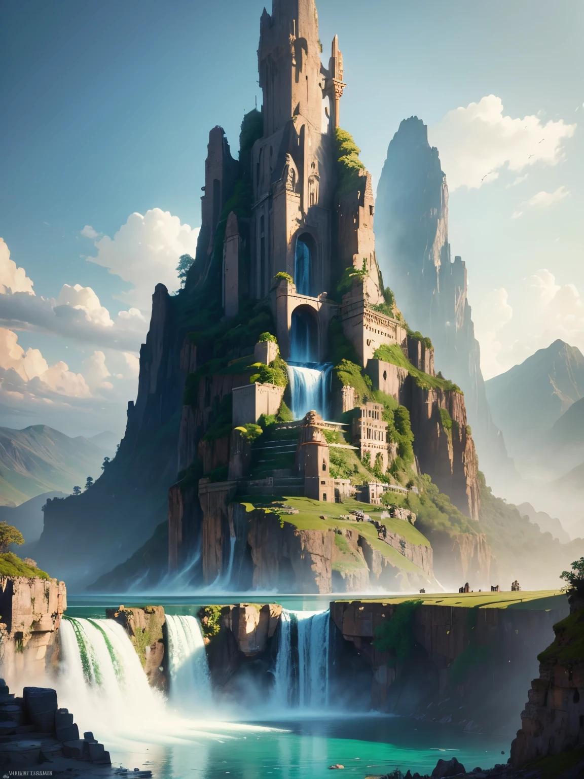 there is a large waterfall in the middle of a Mountain, Ancient City, epic matte painting of an island, the The Lost City of Atlantis, an aztec city in a island lake, Ancient City landscape, The Lost City of Atlantis, Mark Simonetti. complex, Beautiful concept art, Stunning concept art, highly realistic concept art, art style of Mark Simonetti, (((masterpiece))), best quality, high quality, Extremely detailed CG unity 8k wallpaper, landscape, outdoor, Sky, cloud, nobody, Mountain, landscape, water, Tree, blue Sky, waterfall, cliff, nature, lake, river, cloudy Sky,Award-winning photography, Bokeh, Depth of Field, HDR, bloom, Chromatic Aberration ,Reality,Extremely detailed, Popular on artstation, Popular on CGsociety, complex, High Detail, dramatic, midjourney's Artwork, tall waterfall, painting of a river with rocks and Trees in the foreground, near a river, landscape, jungle, waterfall, crystal clear water, Night Light,((Full Moon)), rich and colorful, river with rocks, Stone Bridge, epic, fantasy, ((Roses and flowers on the shore of the pond)), ((painting)), moon landscape reflected in river, ((Stone Bridge))
