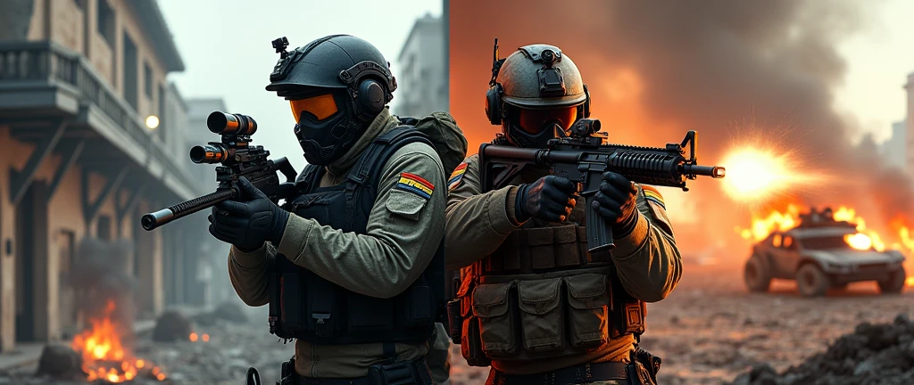 Make an image with at least 2.048 x 1.152 pixels, for a youtube background panel. In it I want you to write( new videos every Tuesday, make a scenario on the left side of Raimbow six and on the right scenario Call of Duty), I want the image to be realistic enough for the audience to be glued to my Zamp do Game channel.