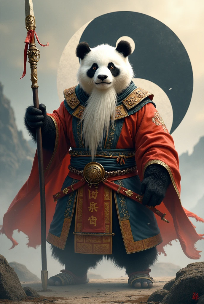 Panda white beard Chinese clothing spear gourd yin yang symbol