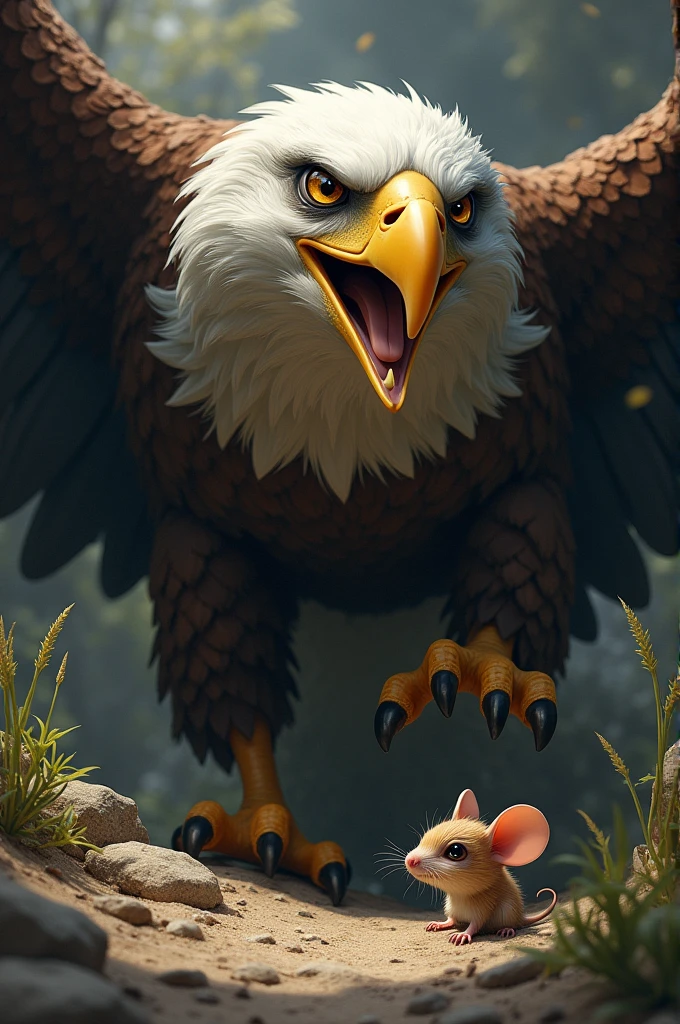 The mouse, having narrowly escaped, pleads with the eagle from the safety of its burrow. The eagle stands above the burrow with a fierce but contemplative expression. The mouse looks tiny and vulnerable, but its eyes are full of hope.