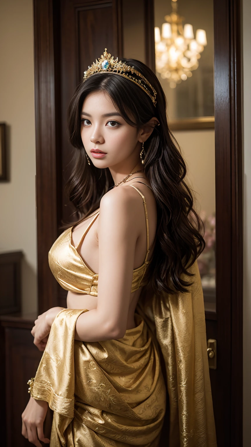 A captivating photo, (wide angle shot), of a gorgeous ancient Amazonian woman in sensual traditional native attire, elegantly posed, sensual and alluring, featuring intricate jewelry, detailed headdress, warm desert lighting, hyper-realistic textures, cinematic composition, a masterpiece by Sandro Botticelli and Gustav Klimt, high detail, 8k resolution, artstation trending,(nsfw)