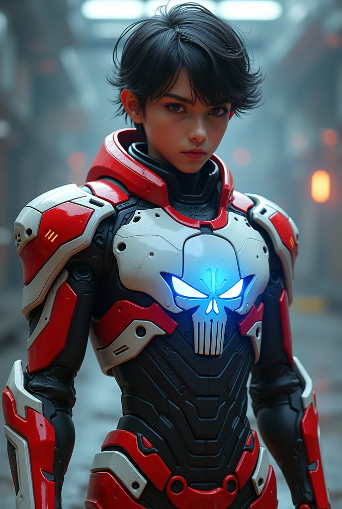 Boy malay Indonesia wear red white exoskeleton. Robot face on body. Led nipple blue. Black hair little white hair detail. . 19 year old boy. Wavy hair. Tan skin. High tech suit. Mirage armor . Taking anger robot face red. Emoji robot. Punisher. Mechanize robot face at chest.