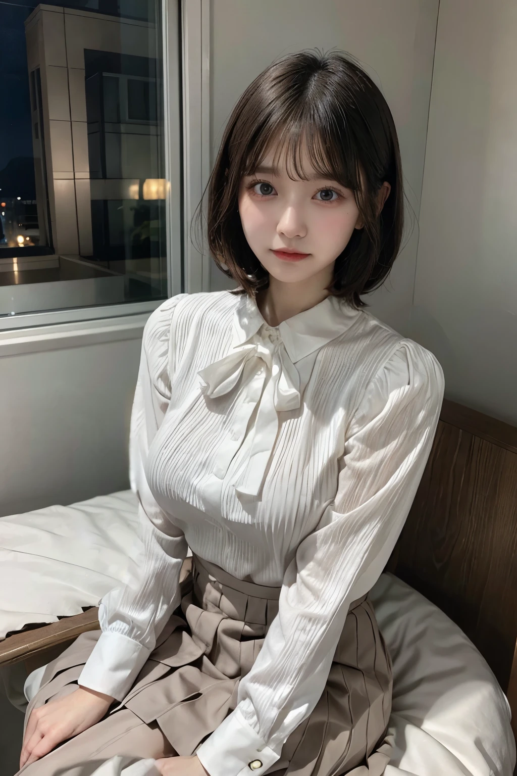 Wearing a blouse with a white collar with long sleeves、Big Breasts、wearing a brown pleated skirt、Short Hair、Sitting