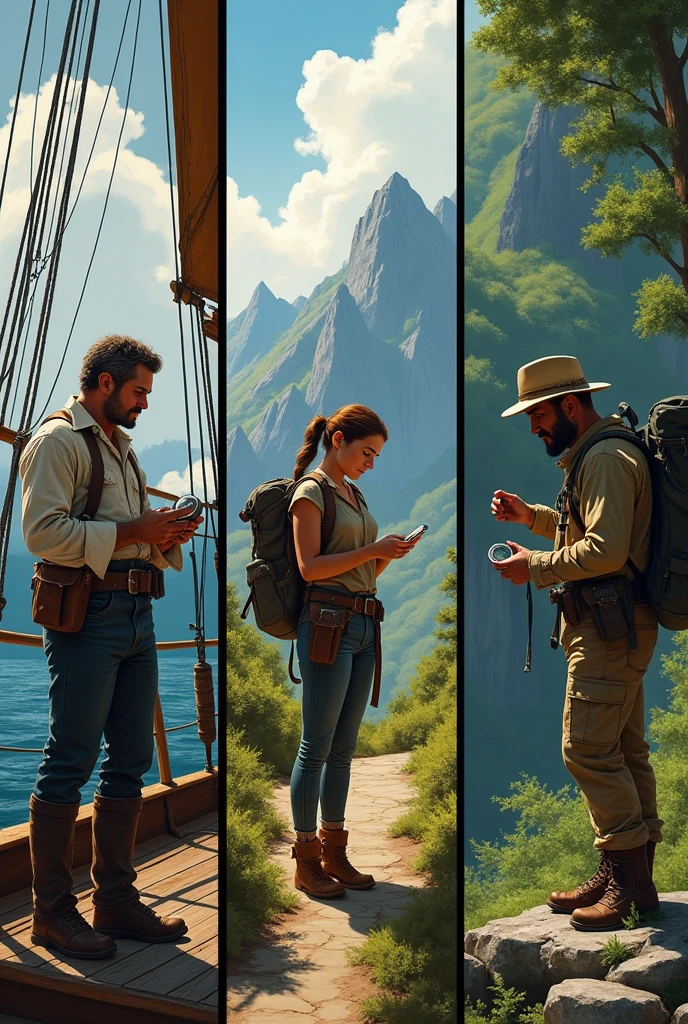 a sailor on a ship looking at a compass, a hiker with a compass, an explorer in the forest holding a compass.
