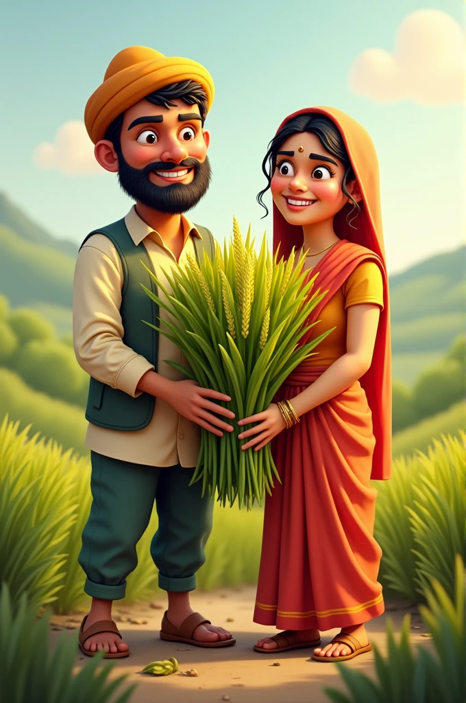 prepare a male and female farmer holding a rice plant together as mascot for the 50th anniversary celebration of Bidhan Chandra Krishi Viswavidyalaya, india these mascots symbolize the farming community together 