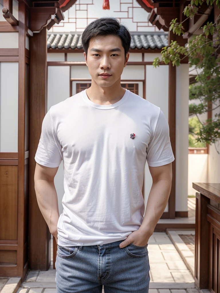 Chinese man, 29 years old, handsome masculine face , big eyes, high nose, smooth white skin, pink lips, well-proportioned body, fitness body, wearing a white t-shirt and black jeans, standing next to a cherry tree in the middle of a traditional Chinese house