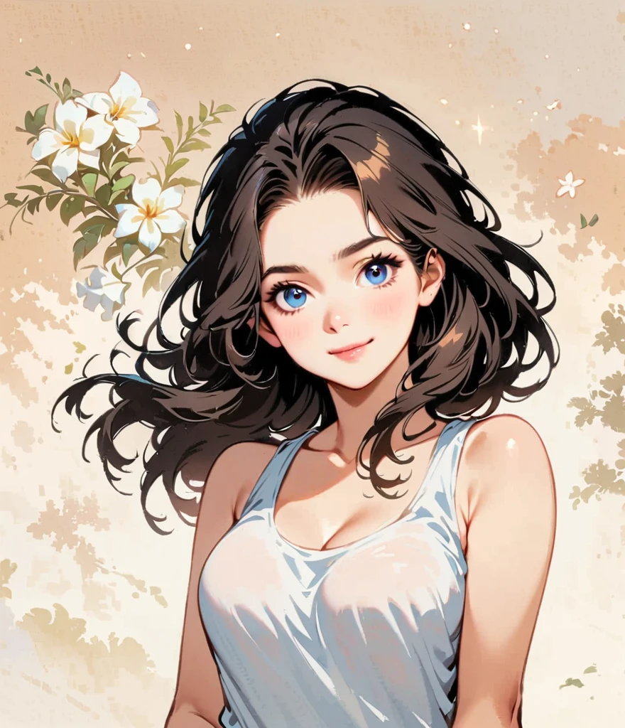 ピンク色のショートヘア、ニッコリ笑う、Avoid showing your breasts、Gardenia flower、large white flowers、Cartoon style character design，1 Girl, alone，Cool expression，Tank top，Clean Lines