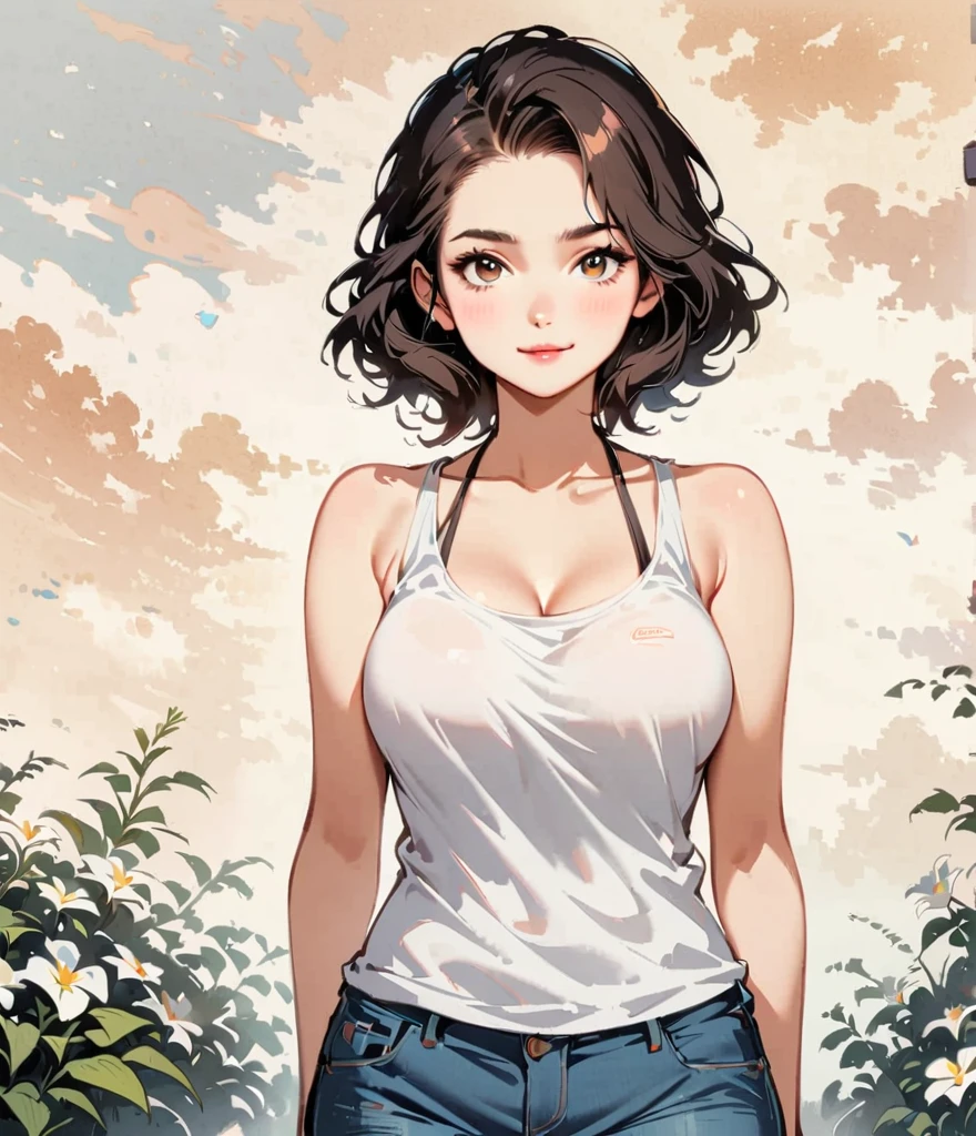 ピンク色のショートヘア、ニッコリ笑う、Avoid showing your breasts、Gardenia flower、large white flowers、Cartoon style character design,1 Girl, alone,Cool expression,Tank top,Clean Lines