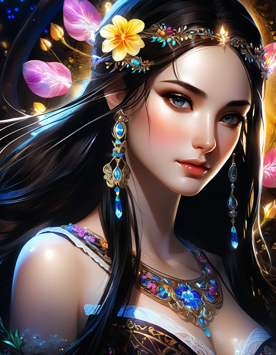 splendidly beautiful girl in the dark, glare eyes, dark hair, shining skin,
bright flowers around the face, something mystical and majestic, magie, sparks from the skin and around, very dark, just light neon light, splendid, enchanting, work of art, high qualiy, details Intricate, high détail , lot of details, dynamic, details Intricate, Bohemian, aesthetics, contour, close up, high qualiy, Artwork, 超detailded, proffesional, filigreed, superdetailed, Hyper-Realism, close up, isometric, digitl art