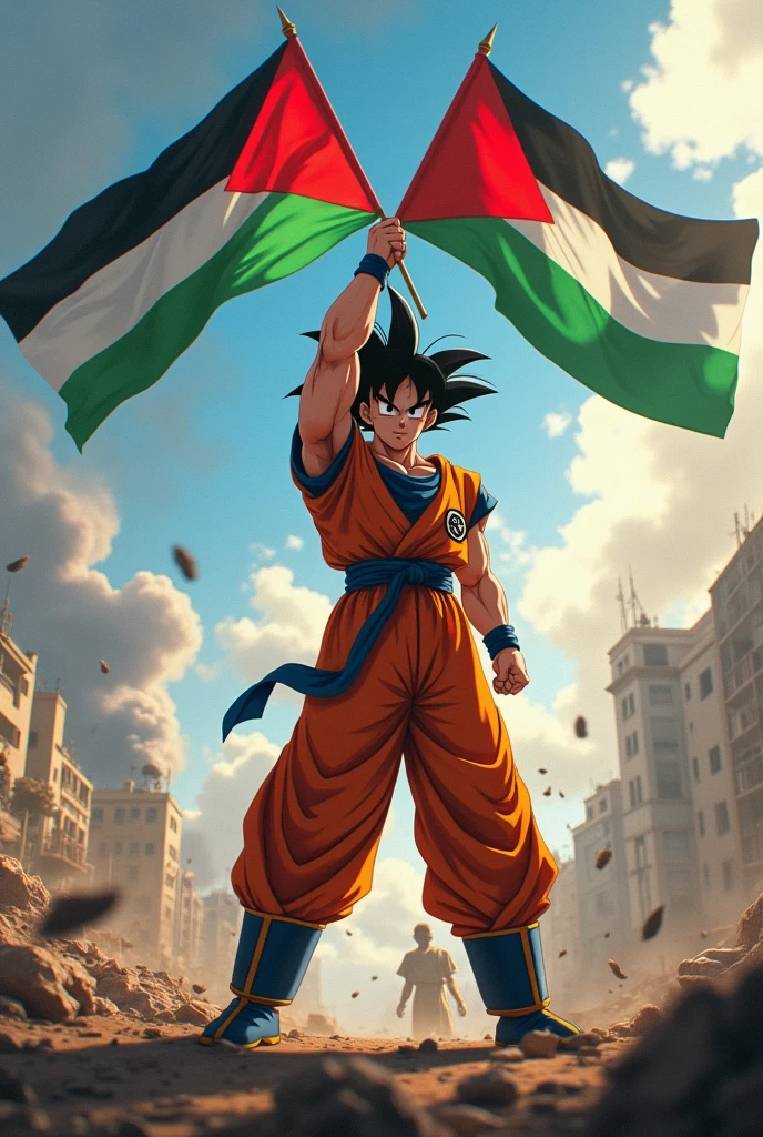 Create a high quality image named of Gohan holding his hand Palestine Flags🇵🇸 in Israel War's