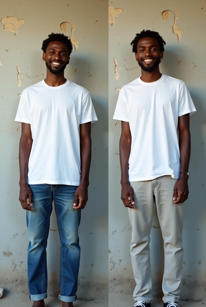 Create a split-image of the same light skinned 21 years old Ethiopian man shown side by side against a messed up wall as a background to illustrate a before and after transformation. In the 'before' image on the left, depict the man as shorter and wearing a plain white T-shirt and jeans. In the 'after' image on the right, show the same man taller, with no change in physique, wearing the same white T-shirt but with casual pants instead. Both images should have the man smiling and looking directly at the camera, with a noticeable difference in height and little difference on presence. The background should be the same for both pictures and minimalist with natural lighting, highlighting the transformation. Make the picture realistic