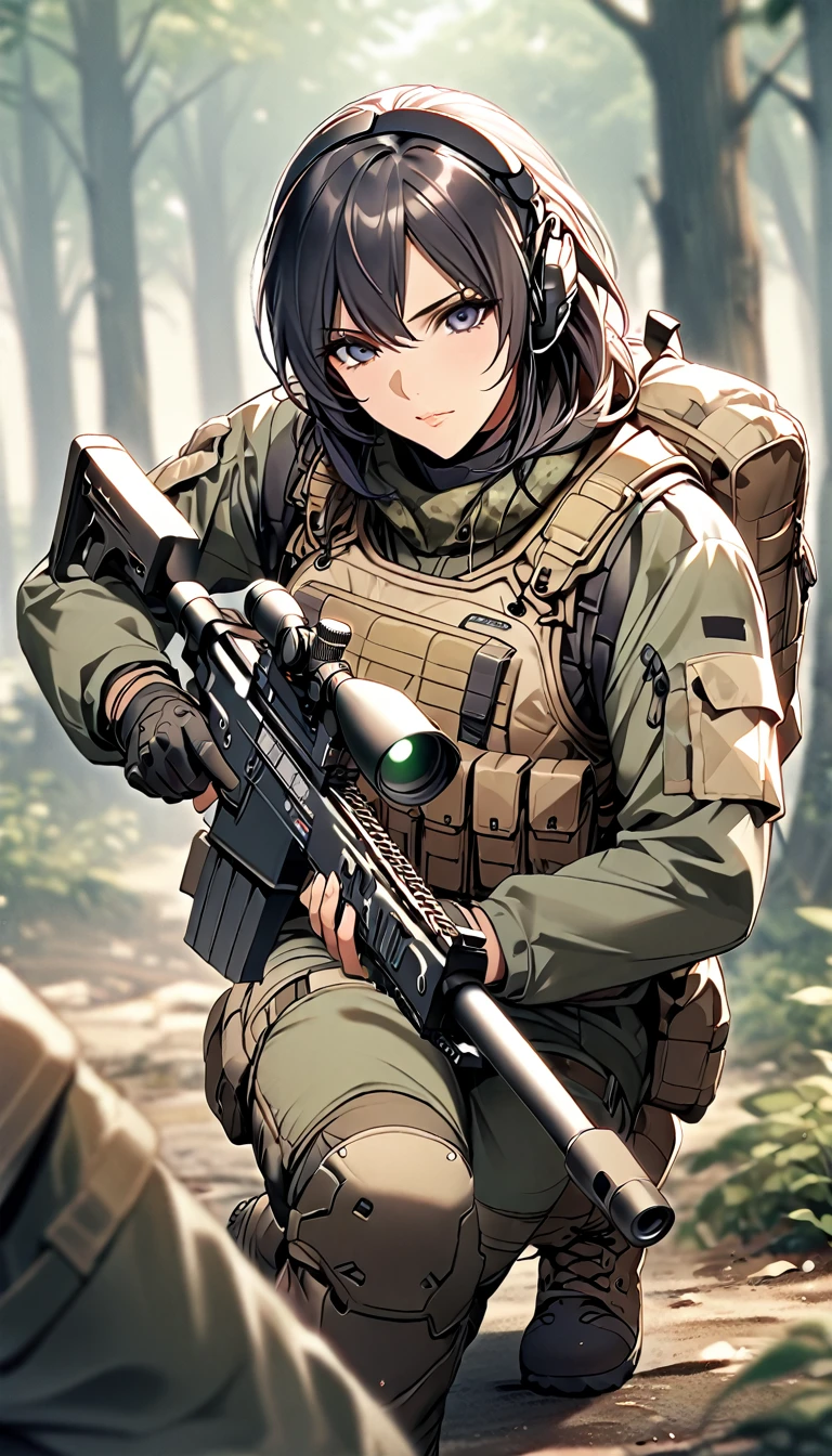 (masterpiece),(Highest quality),(High resolution),(Very detailed),One Woman,48 years old,Mature Woman,Japanese,Black Hair,Short Bob,Beautiful Eyes,Long eyelashes,Beautiful Hair,Beautiful Skin,strict,whole body,break(((sniper rifleで何かを狙う))),((Take in the view))(Lying down),((sniper rifle)),army camouflage uniform,Bulletproof vest, Combat Boots, Tactical Foster,Tactical Headset,(The background is a dense forest),(((Background Blur)))