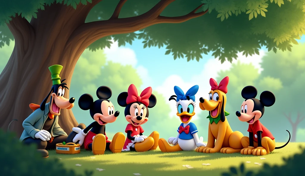Mickey and his friends are sitting under a tree and chatting among themselves.