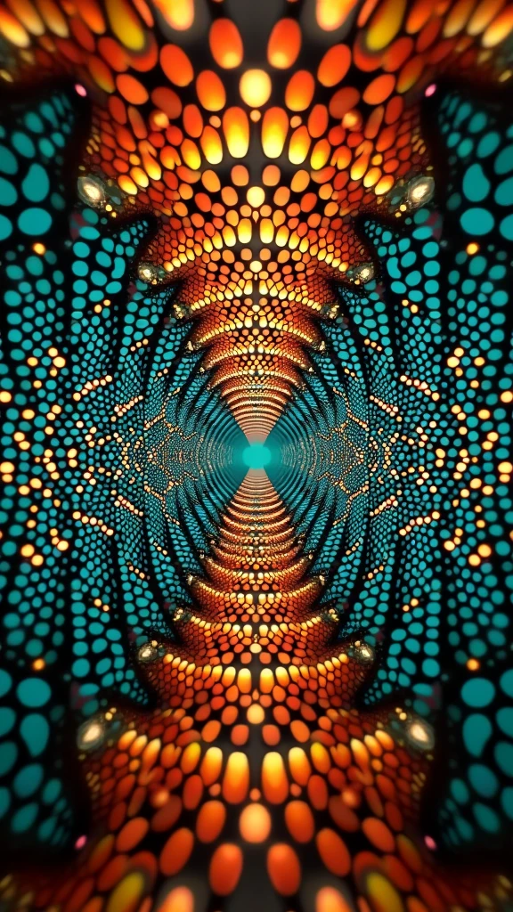 A surreal and disturbing kaleidoscopic pattern inspired by trypophobia, featuring multiple layers of small, closely-packed holes resembling those found in lotus pods. The holes are arranged symmetrically in intricate, repeating patterns, creating a mesmerizing yet unsettling visual effect. The colors include a vivid mix of bright orange and deep teal, with the holes appearing dark and glossy. The kaleidoscope effect is enhanced by light reflecting and passing through the holes, creating a shimmering, translucent quality that adds a layer of depth and complexity. Additionally, the image features a multi-exposure effect, with overlapping patterns that seem to shift and blur, giving the impression of multiple layers in motion. This combination of elements results in a hypnotic and eerie visual experience, blending the allure of contrasting colors with the discomfort of trypophobia.

