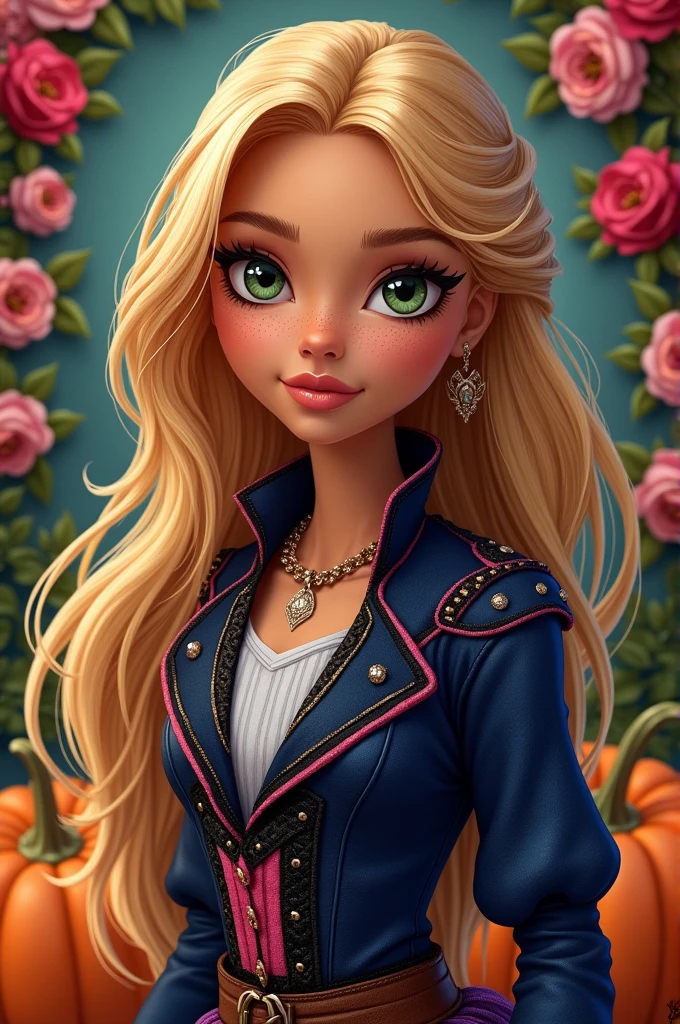 Imagem do filho da Briar Beauty e da Ashlynn Ella de Ever After High: One with golden hair, greeneyes, light brown skin with freckles, navy blue outfit with pink and black, elements of roses and pumpkins on the clothes and background