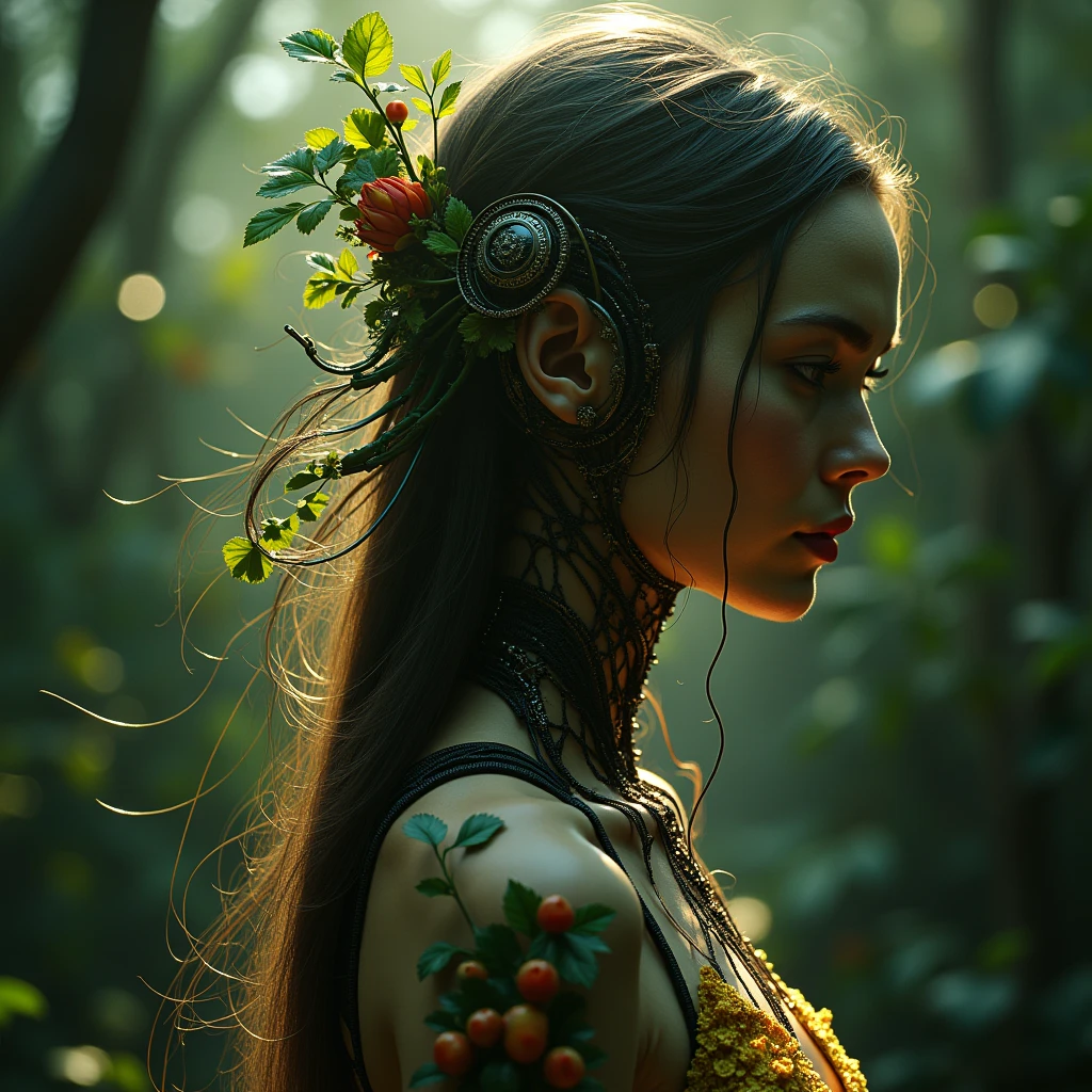 (((An image focuses on light and shadow))) complex 3d render ultra detailed of a beautiful woman ,long hair, biomechanical cyborg, analog, 150 mm lens, beautiful natural soft rim light, big leaves and stems, roots, fine foliage lace, colorful details, massai warrior, art nouveau fashion embroidered, steampunk, intricate details, mesh wire, mandelbrot fractal, anatomical, cable wires, microchip, elegant, hyper realistic, ultra detailed, octane render, H.R. Giger style, volumetric lighting, 8k post-production, (((soft light, atmospheric, moody)))
