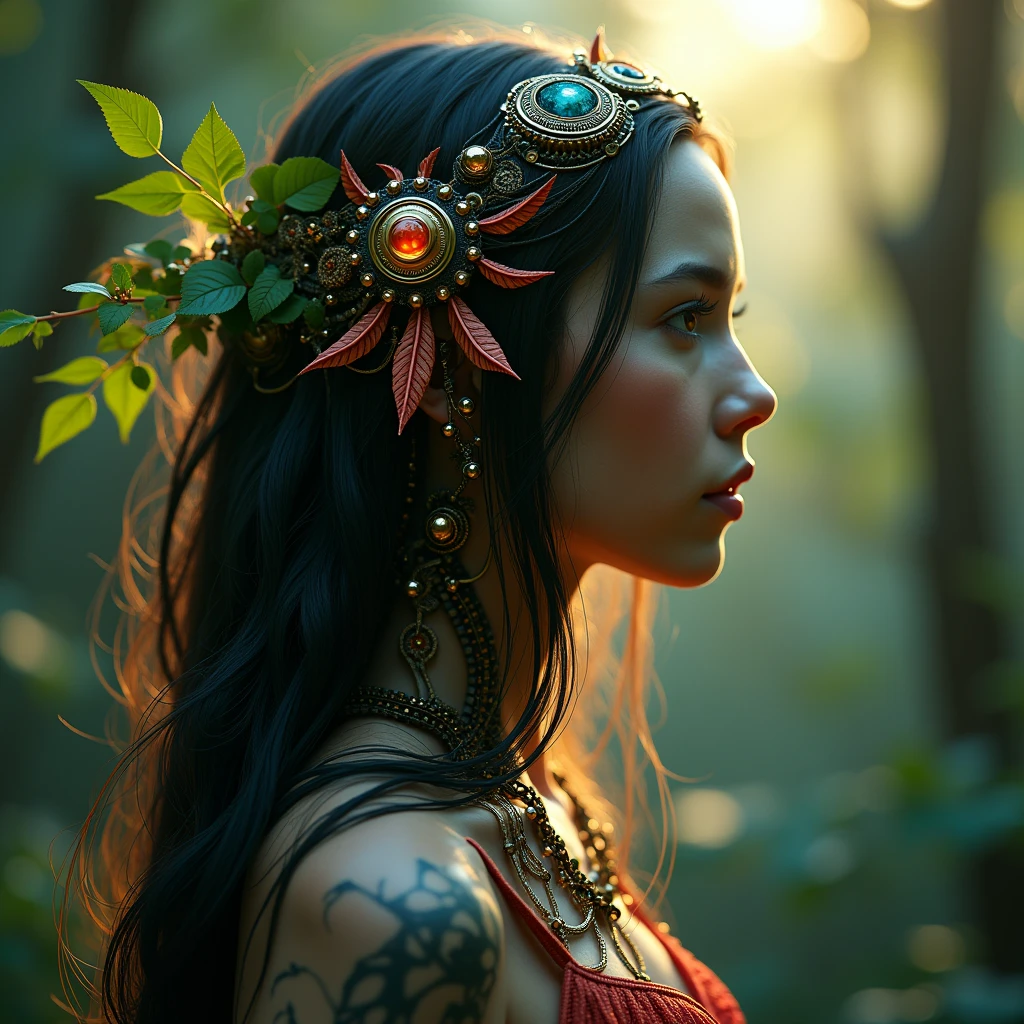 (((An image focuses on light and shadow))) complex 3d render ultra detailed of a beautiful woman ,long hair, biomechanical cyborg, analog, 150 mm lens, beautiful natural soft rim light, big leaves and stems, roots, fine foliage lace, colorful details, massai warrior, art nouveau fashion embroidered, steampunk, intricate details, mesh wire, mandelbrot fractal, anatomical, cable wires, microchip, elegant, hyper realistic, ultra detailed, octane render, H.R. Giger style, volumetric lighting, 8k post-production, (((soft light, atmospheric, moody)))