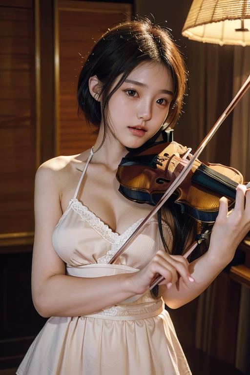 (20-year-old Japanese top idol), (Small breasts,:1.5,),(solo,Textured skin, High detail, Highest quality, Super detailed, Surrealism, realism,8k,RAW Photos,Professional Lighting,),(((Live house lighting,violinist,Playing the violin,Bob Hair,Full Body Shot)))