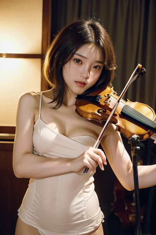 (20-year-old Japanese top idol), (Small breasts,:1.5,),(solo,Textured skin, High detail, Highest quality, Super detailed, Surrealism, realism,8k,RAW Photos,Professional Lighting,),(((Live house lighting,violinist,Playing the violin,Bob Hair,Full Body Shot)))