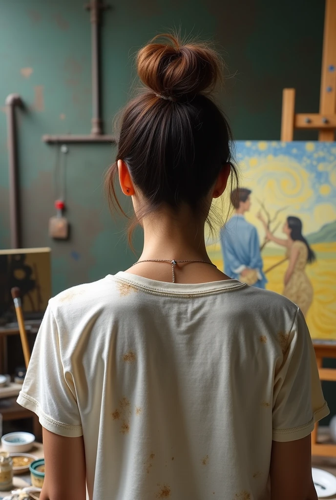 Tanned japanese beautiful tanned japanese woman, Her hair was in a bun up, with brownish highlights, the woman was wearing an old white t-shirt with stains from painting paint, she was sitting with her back to the camera so that the back of her neck could be seen beautifully. sHe was sitting on an old wooden stole, in a painting position, holding a palette and brush, there was also a brush stuck in his bun. In the painting, a man and woman are depicted under a fallen cherry tree in Van Gogh's style. in an industrial style room, with tubes of oil paint scattered on the table and brushes in glasses, canvasses in some random sizes. The photo is taken from her back, focused on the painting, Over-the-shoulder shots, ultimate photorealistic.