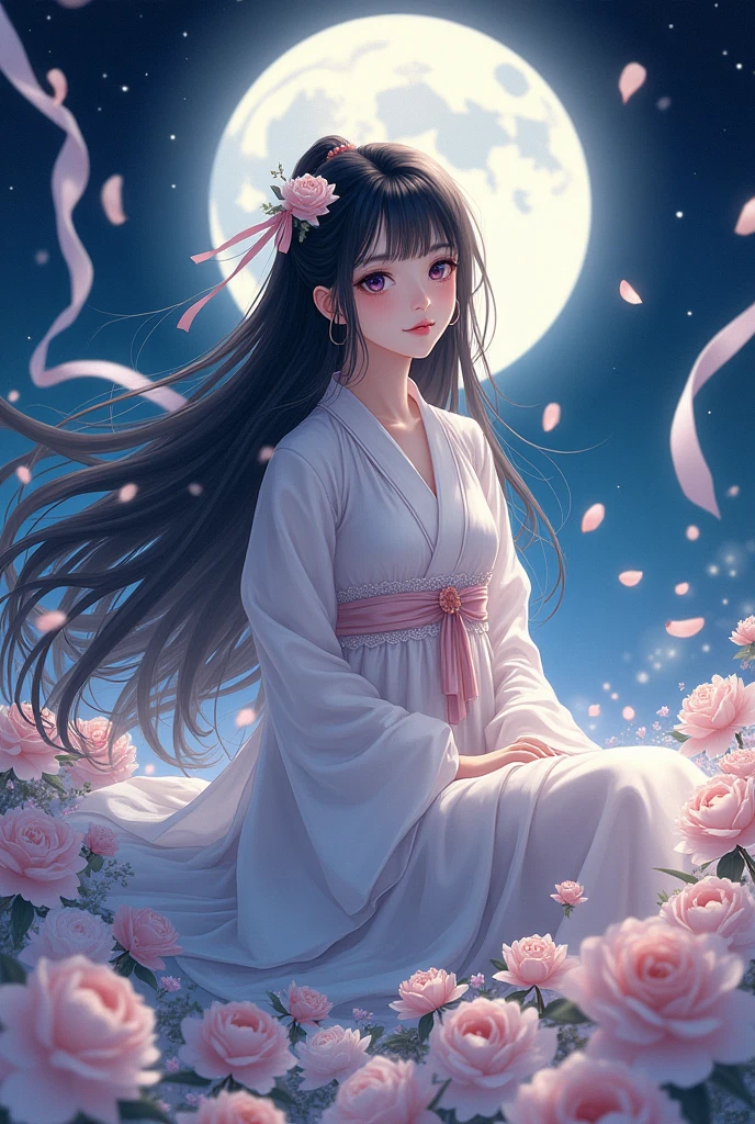 (Cute girl design:1.0125),(drawing,Outline,:1.3401), (best quality), (Masterpiece), Dancing is highly detailed, Exquisite rendering, illustration, (height), manuscript, nighttime_sky, (turn off_on:1.2), (turn off shot), (a young woman:1.3) is (sitting on ดอกไม้) ,notebook [[Smiling softly]], (darling_grizzly hair), a lot_long_hair,black, smoke, (Beautifully detailed eyes), (conjunctivitis), floating ribbon, (peach blossom), Ghosts, (spirit) ,  on flower, Floating Petals, [[full moon]] Hanfu series