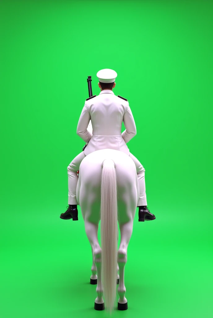 Rear viewed, A white uniforms soldier sitting with cap on a white horse and carrying a handed gun. Plain full green screen background