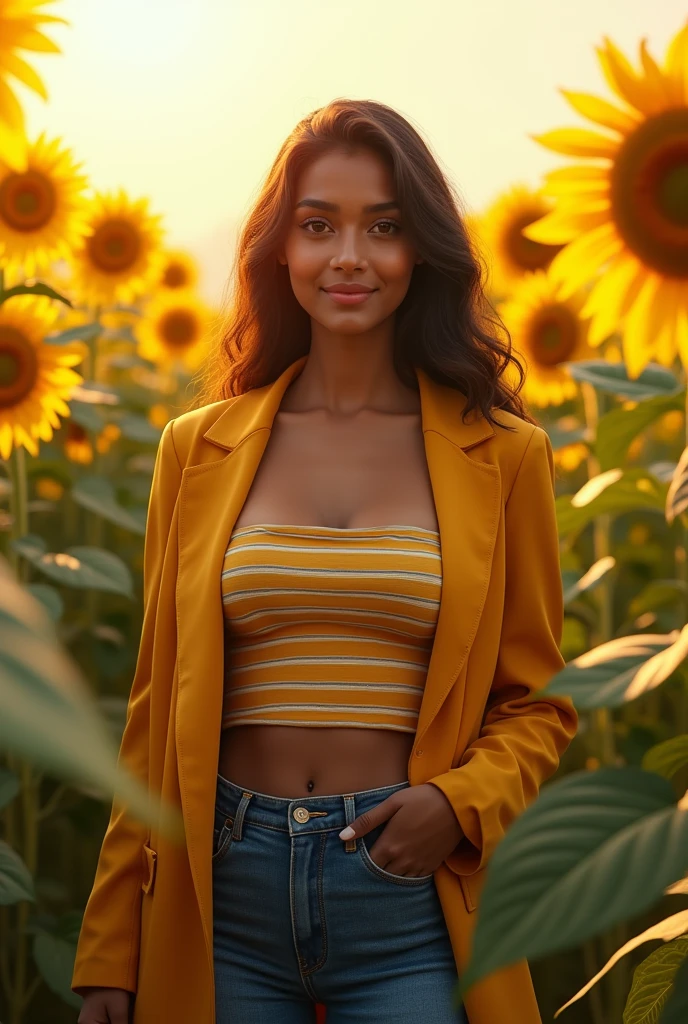 Midday, Tamil girl, 20 year old, open blazer, striped strapless choli, denim pants, high heels, standing in a sunflower field, sunflowers towards sun, (meticulous detailing of face eyes nose cheeks), slight smile, HDR, hyper realistic