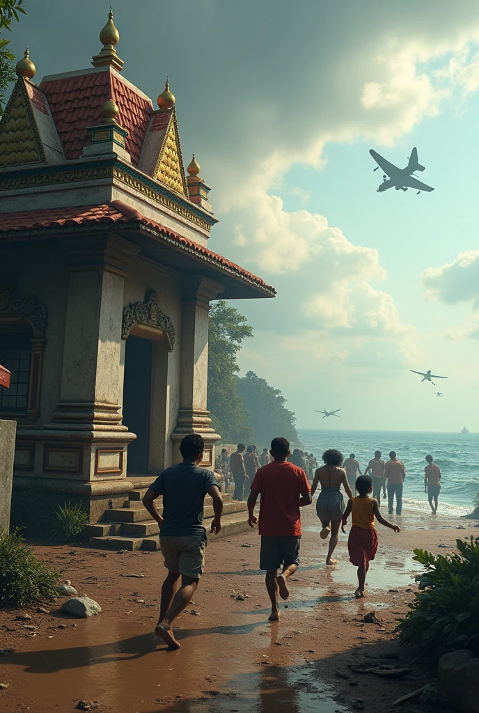 use of air assets in srilankan civil war, people running beside the temple and sea beside that