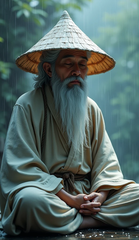 3D illustration of a wise old man, concerned, inconspicuous asian man, with long facial hair, conical hat, meditating in slight rain, devine White skin, glowing skin, 8K, detailed face, detailed conical hat, hyper quality