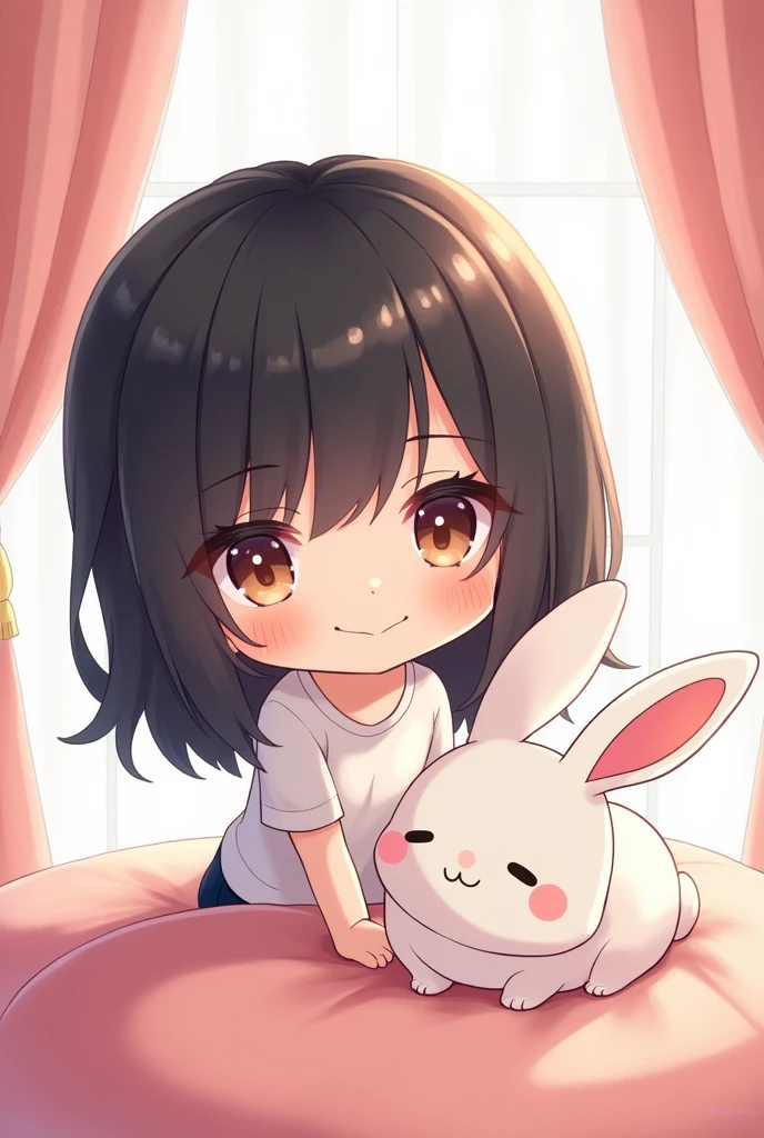 1 girl, Chibi T-shirt, Black Hair, Luxury Fabric,,deep, Looking at the audience, White Background、cute、Mischievous look、Luxury Dresses、Best image quality、、Straight hair、White Background、White Rabbit