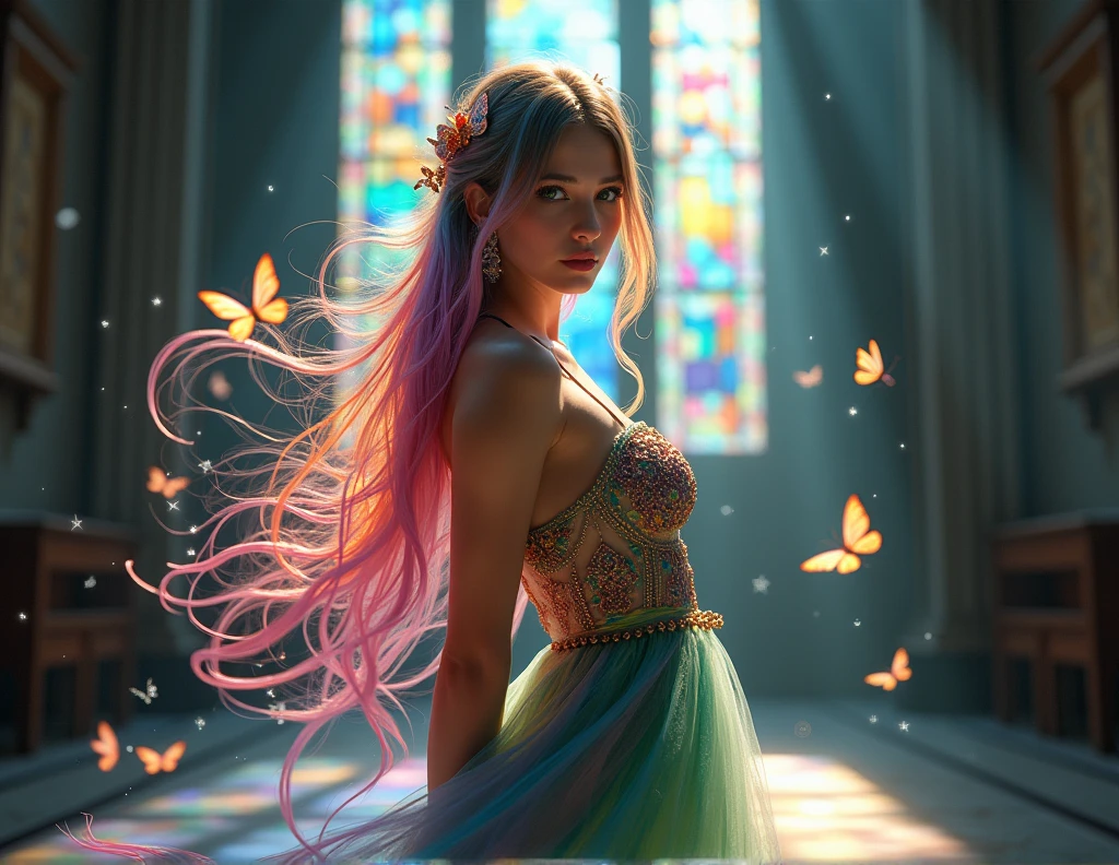 1girl, masterpiece, extremly detailed, ((Cinematic lighting)), (glowing), ((dramatic lighting)), ((beautiful detailed glow)), intricate detail, lens flare, multicolored hair, rainbow hair, long hair, multicolored dress, butterfly hair ornament, butterflies, (light particles), Arms behind back, large breasts, [curvy], cowboy shot, light smile, green eyes, church, stained glass, spotlight, dark background, floating hair, floating hair, looking at viewer,((colorful))