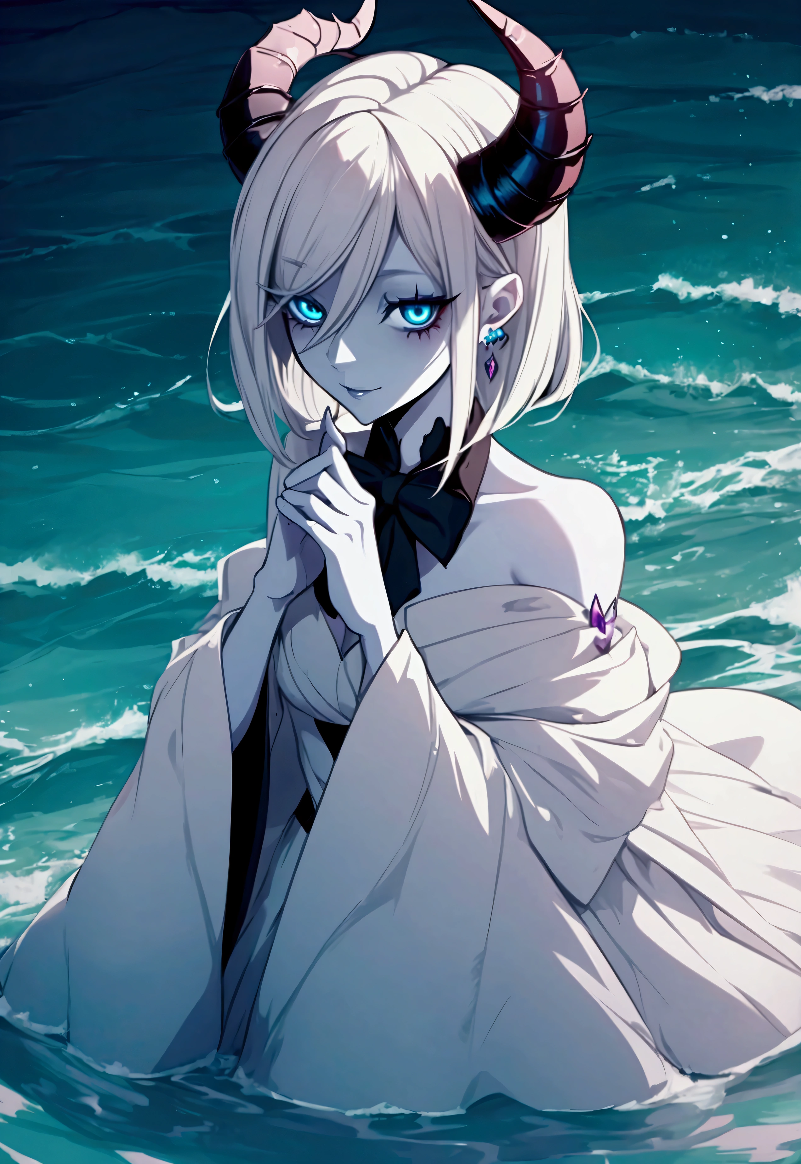 Hazbin hotel beautiful innocent Female Goat demon with horns humanized with ocean blue eyes and short brown hair