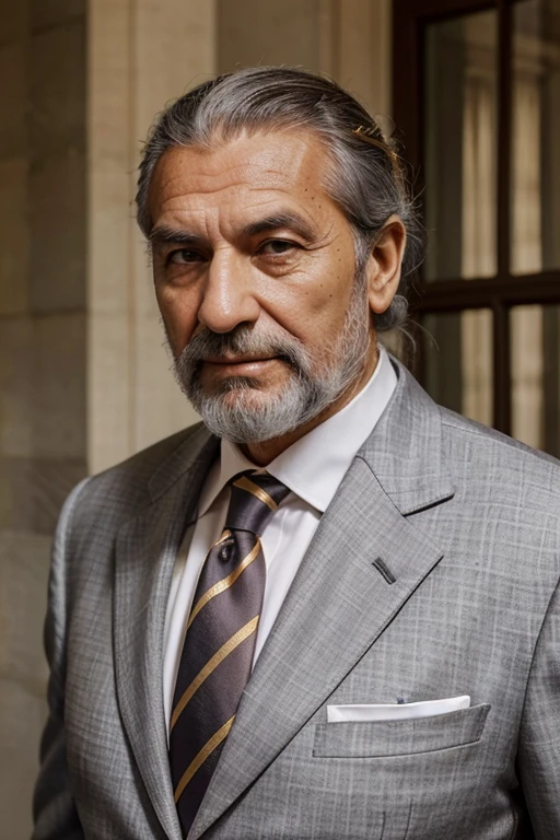 Elderly Italian businessman, nobility, smart suit, colourful silk tie, gold tie-pin, grey hair tied back in very short ponytail, neatly trimmed grey beard, suntanned wrinkled face.
