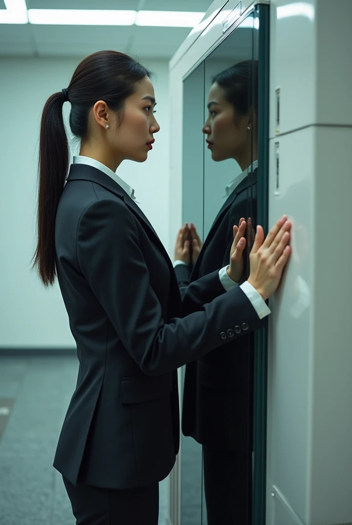 A determined Asian woman in a business suit, pressing her body against a sleek, modern copy machine. She stares intently at the machine, as if willing her image to appear.