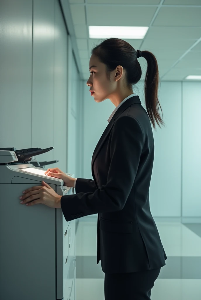 A determined Asian woman in a business suit, pressing her body against a sleek, modern copy machine. She stares intently at the machine, as if willing her image to appear.