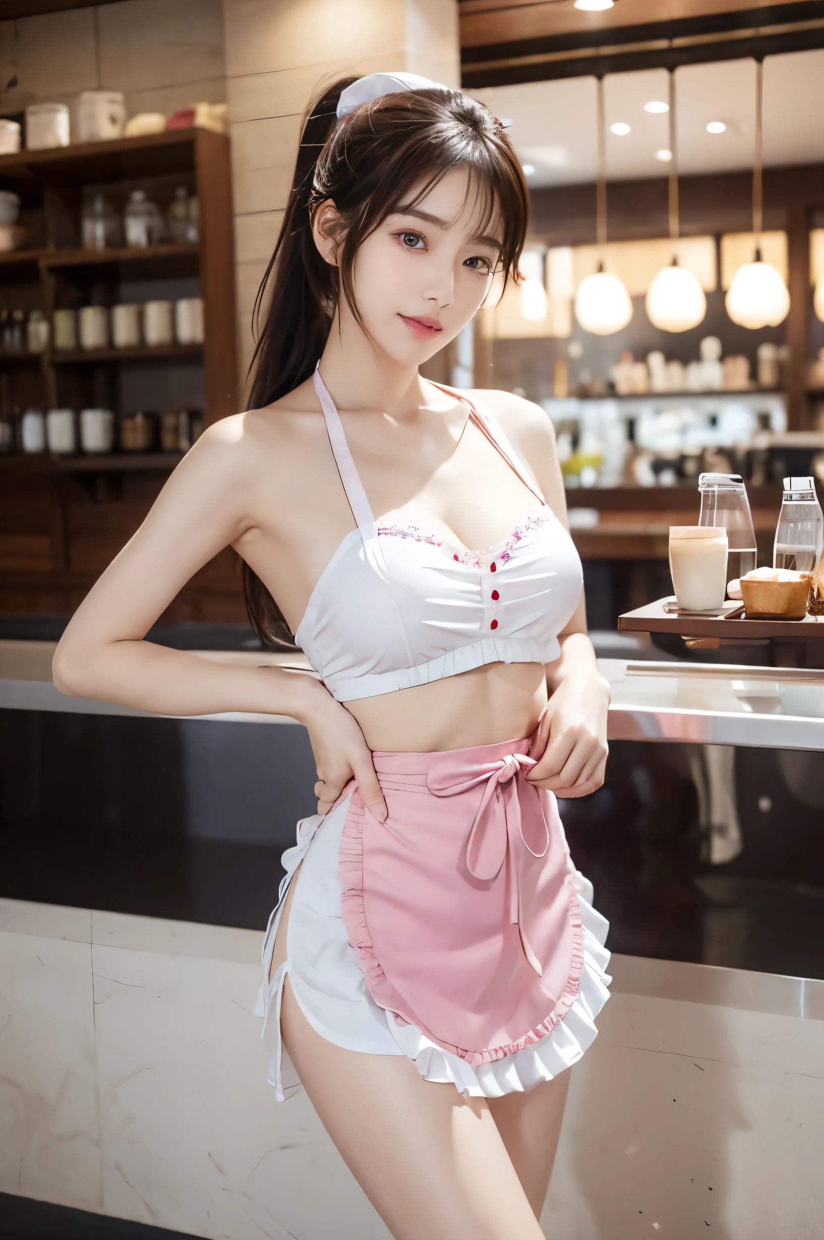 (Ultra HD), (Looking at me), (The whole body is shown), (Pink waitress:1.2, Apron with white frills), Big Breasts, Beautiful breasts, slender, Narrow waist, (Thin legs:1.2), (Thin thighs:1.2), (Thin Hips:1.4), (Beautiful Skin, Shiny skin, White skin), (Super slim face, Super beautiful face, No makeup, smile:0.8), (ponytail, Layered Cut, Fluffy hair), (double eyelid, Slanted Eyes), Small Nose, Thin lips, Are standing, Coffee shop