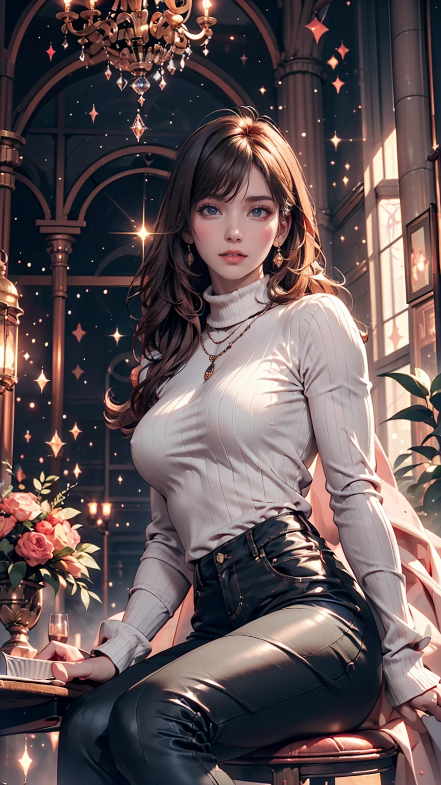 Mysterious atmosphere, Atmospheric, Ethereal quality,Realistic,beautifully、aesthetic,, alone,between legs,Pink turtleneck, Brown pants,(Browsing Caution:0.85),, democracy,, Power plant,, (Sparkling atmosphere, Enchanting Sparkle, Bright lighting, Ethereal atmosphere, Enchanting Sparkle, Exciting colors, Captivating colors, Dramatic lighting, Captivating aura),