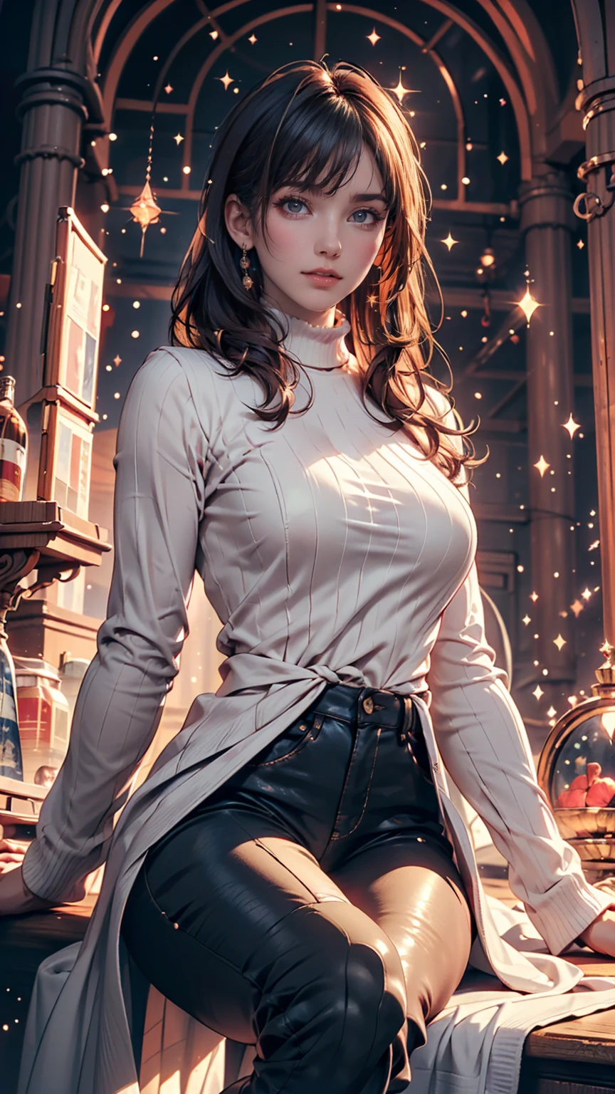 Mysterious atmosphere, Atmospheric, Ethereal quality,Realistic,beautifully、aesthetic,, alone,between legs,Pink turtleneck, Brown pants,(Browsing Caution:0.85),, democracy,, Power plant,, (Sparkling atmosphere, Enchanting Sparkle, Bright lighting, Ethereal atmosphere, Enchanting Sparkle, Exciting colors, Captivating colors, Dramatic lighting, Captivating aura),