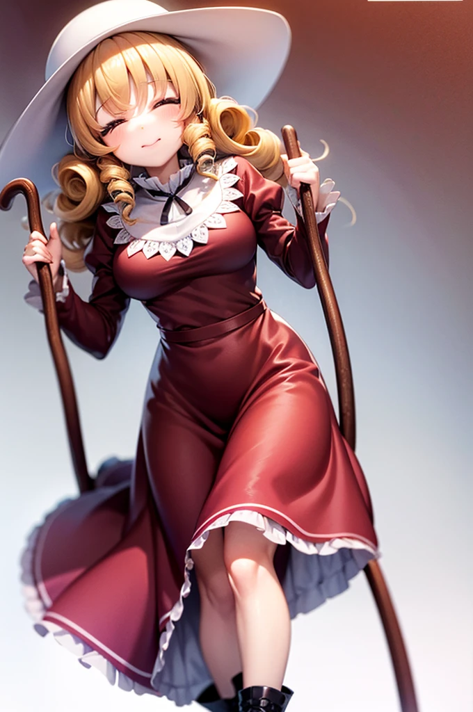 a drawing of an anime character in a red dress and boots with a large scythe, ((high end)), (UHD picture), (best quality,4k,8k,highres,masterpiece:1.2), top-quality(​masterpiece), top-quality, ultra-detailed, highly detailed texture, intricate details, high quality textures, masterpiece, best quality, perfect quality, perfect anatomy, perfect body, perfect symmetrical face, perfect hands, perfect feet, (two arms:1.2), (two legs:1.2), (five fingers each:1.2), (perfect joint:1.2), perfect joint movement, precise fingers and hands, 1 beautiful girl, 1 girl, alone, solo, , 10 years old, (((****))), ((childish)), hat, white hat, blonde hair, long hair, parted bangs, drill hair, well-formed face, yellow eyes, maxi dress, red dress, dress, long sleeves, frills, long skirt, simple background, scythe, holding scythe, holding, white socks, smile, cute face, beautiful, holding scythe, from behind, to lift up one’s skirt, cowboy shot, from front, standing , raise one leg, crossed arms, arms up behind, arms behind back, hand between legs, put hands hip, one hand on hip, forward hands, arms raised in the air, punch hands, peace sign, waving, put up index finger, sit, lie down, closed eyes, lie face down, looking back, put one hand chest, leaning forward, cleavage, close up, horizontally outstretched arms, horizontally outstretched legs, front view, front face, huge breasts for short stature, cleavage is clearly visible ,G-Cup, heart hands