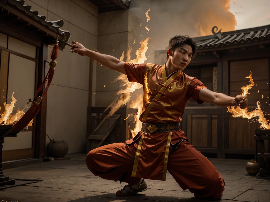 A highly detailed image of a young man wearing traditional Chinese martial arts attire, inspired by ancient wuxia (martial arts) heroes. He is in an action pose, unleashing a powerful energy strike with his hands directed forward. Behind him, a fierce fire dragon is flying towards the scene, its blazing form adding intensity to the moment. The composition should capture the essence of classic Chinese martial arts legends, with the young warrior and the fire dragon poised in a moment of synchronized power.