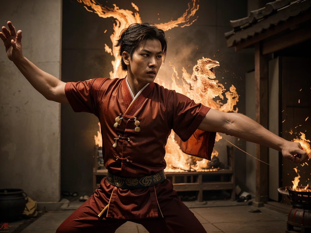 A highly detailed image of a young man wearing traditional Chinese martial arts attire, inspired by ancient wuxia (martial arts) heroes. He is in an action pose, unleashing a powerful energy strike with his hands directed forward. Behind him, a fierce fire dragon is flying towards the scene, its blazing form adding intensity to the moment. The composition should capture the essence of classic Chinese martial arts legends, with the young warrior and the fire dragon poised in a moment of synchronized power.
